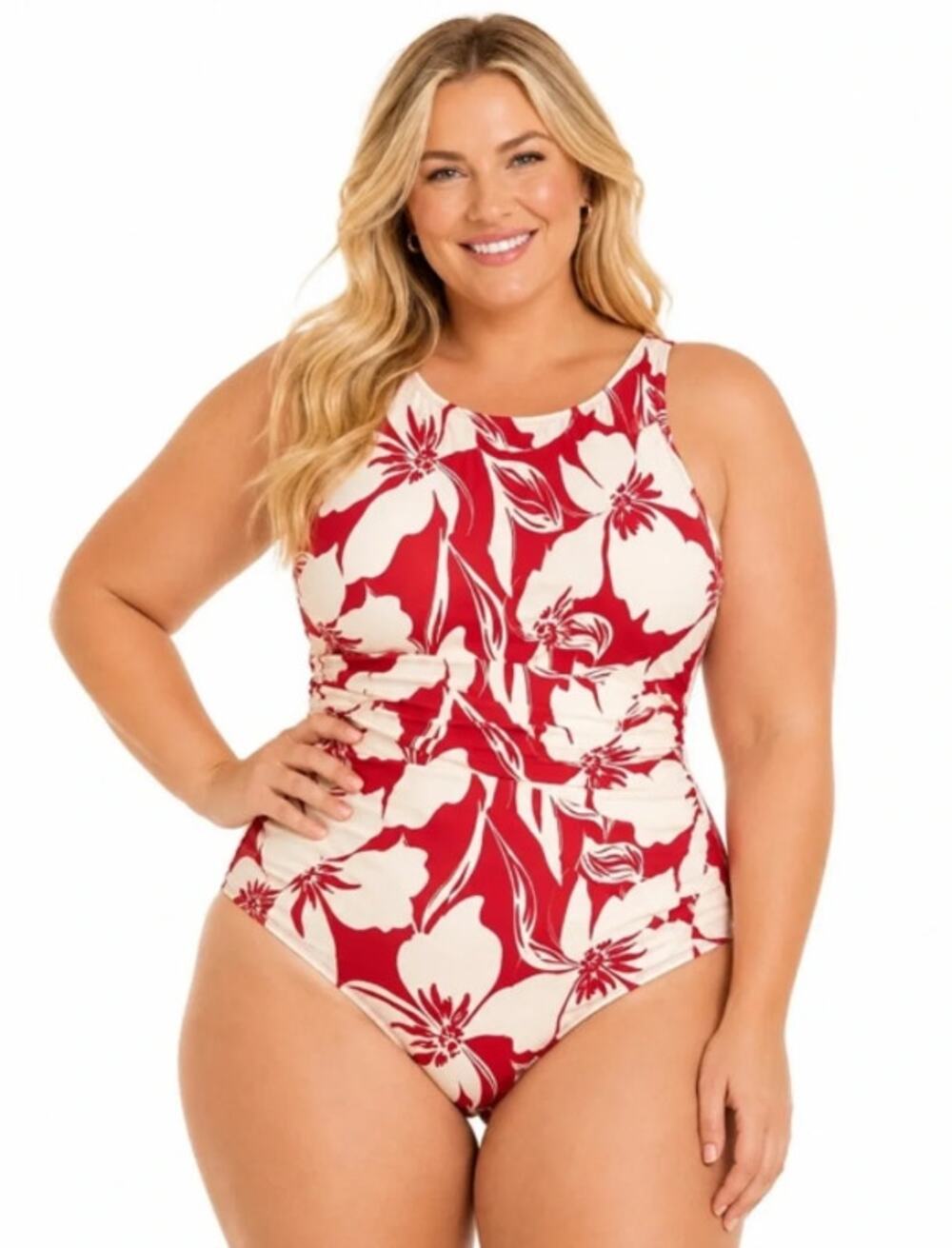 Shade & Shore NWT Size 16 Tropical Red Floral Criss Cross One Piece Swimsuit